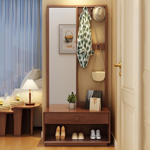 Porte-manteau à chaussures avec miroir et banc en bois pour couloir d'entrée