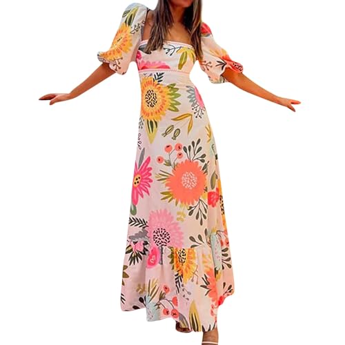Women's Lantern Sleeve Elastic Waist Dress One Shoulder Collar Casual Loose Flowing Dresses Printed Slim Hem Dress