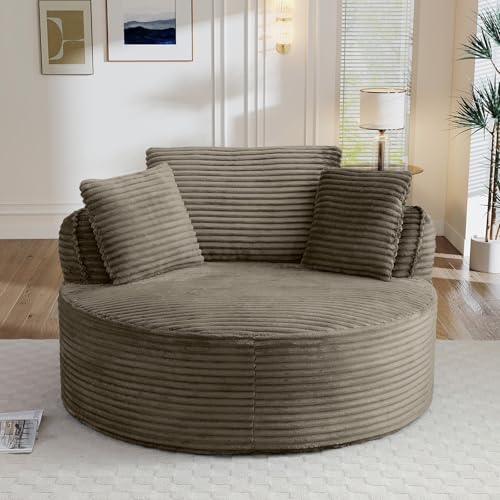 Image of Antetek 53.5-inch Round Chair, Modern Accent Corduroy Comfy Deep Seat Boneless Foam Floor Single Circle Chaise Sofa Chair with 3 Pillows for Living Room Bedroom Office, No Assembly Required, Camel
