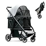Pawccoli Medium Dog Stroller, Foldable Pet Stroller with Adjustable Handle & No Zip Entry, Storage Basket & Cup Holder, Canopy, Mesh Windows, Ideal for Medium Dogs and Cats Up to 50lbs, Black