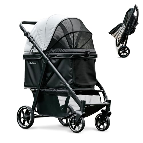 Pawccoli Medium Dog Stroller, Foldable Pet Stroller with Adjustable Handle & No Zip Entry, Storage Basket & Cup Holder, Canopy, Mesh Windows, Ideal for Medium Dogs and Cats Up to 50lbs, Black