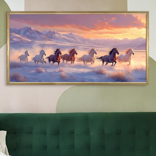Image of PAPER PLANE DESIGN Seven Running Horses HD Canvas Print Wall Art - Premium Vastu Golden Box Frame With Acrylic - Elegant Home & Office Decor - Size: 2 x 4 Feet. (C)