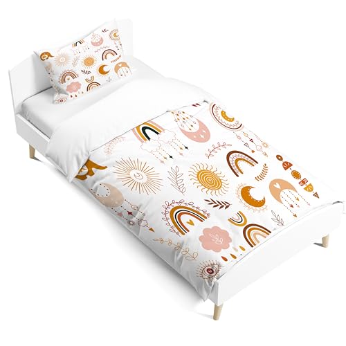 PORJDN Housse de couette enfant fille arc-en-ciel, taie d'oreiller 65x65 cm,housse de couette 140x200 cm, nuages ​​en style dessin animé, parure de lit...
