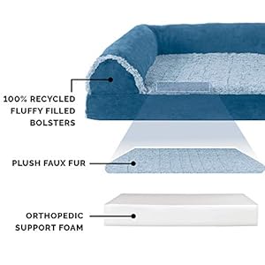 Furhaven Orthopedic Dog Bed for Large Dogs w/ Removable Bolsters & Washable Cover, For Dogs Up to 125 lbs - Two-Tone Plush Faux Fur & Suede L Shaped Chaise - Marine Blue, Jumbo Plus/XXL Furhaven Orthopedic Dog Bed for Large Dogs w Removable Bolsters Washable Cover For Dogs Up to 125 lbs Two Tone Plush Faux Fur Suede L Shaped Chaise Marine Blue Jumbo PlusXXL