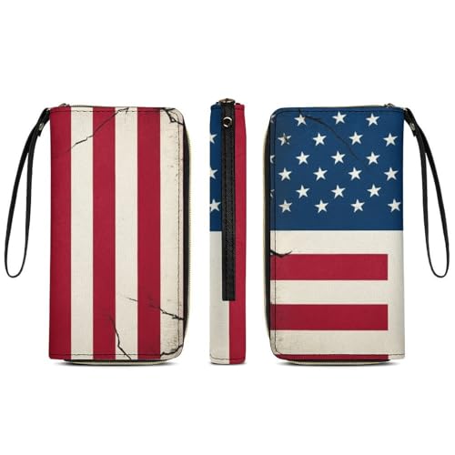 Women's High Capacity Travel Wallet, Water-resistant, ID Pockets, Multiple Card Slots, American Usa Flag Crack3