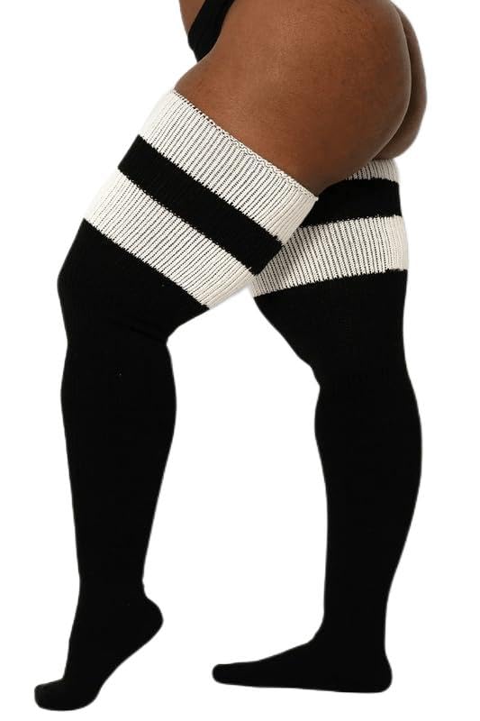 Image of Thunda Thighs Plus Size Thigh High Socks, Over the Knee High Boot Stockings Leg Warmers, Extra Long & Thick Socks, Thunda Woolies, Black and White