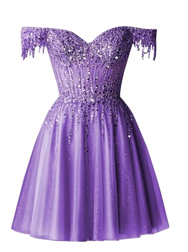 Sequin Tulle Homecoming Dresses Short Prom Dresses for Teens Off Shoulder Sparkly Mini Dress