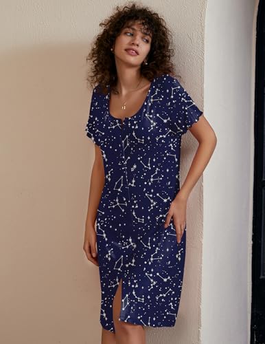 Image of Ekouaer Women's Nightshirt Short Sleeve Button Down Nightgown V-Neck Sleepwear Pajama Dress