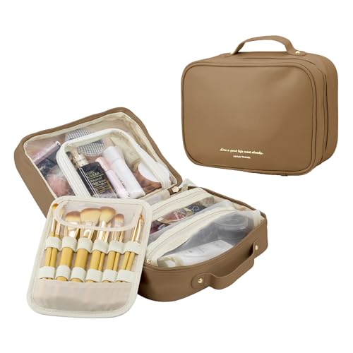 Travel Makeup Bag Large Capacity Cosmetic Organizer Waterproof Leather Toiletry Bag with Brush Holder and Handle Portable Cosmetic Storage Bag for Women Girls Gift - Brown