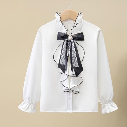 Girls Bowknot Neck Button Down Shirt Pearl Decor Ruffle Long Sleeve Lapel Collar Blouse School Uniform Tops for 3-13 Years2