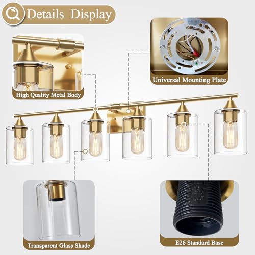 Image of 6-Light Gold Vanity Light,Bathroom Light Fixtures,Modern Brushed Brass Gold Wall Sconce Lighting,Bathroom Wall Lamp for Mirror Bedroom Living Room Vanity Table Hallway