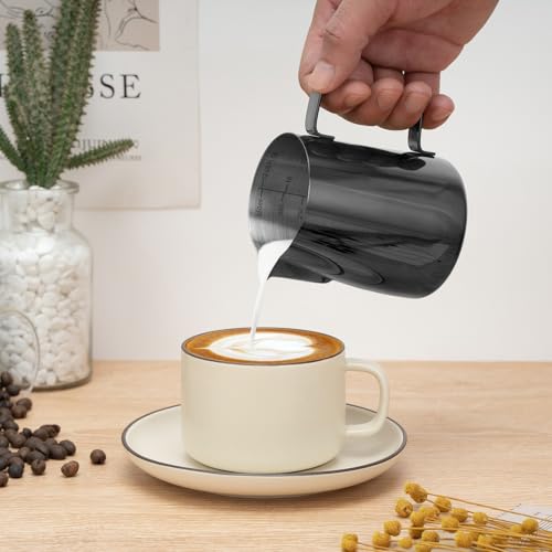 Image of Amrules Milk Frothing Pitcher 12oz Frother Cup Barista Tools, Bright Black