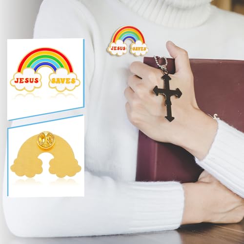 Image of Yinkin 12 Sets Jesus Saves Rainbow Pins with Card Religious Christian Bible Enamel Lapel Pins Sunday School Church Appreciation Gifts for Clothes Backpacks Hats Accessories