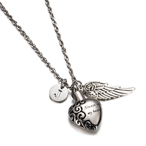 AMIST Always in My Heart Pendant Initial Necklaces Angle Wing Ash Holder Urn Necklace Cremation Memorial Jewelry (J)