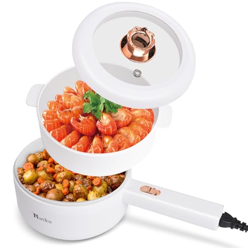 Nardea 1.6L Mini Hot Pot Electric with Steamer, 700W Electric Pot Self Heating Ramen Cooker,Portable Non-Stick Frying Pan for Cooking Steak,Dorm Room Essentials