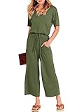 ANRABESS Jumpsuits for Women Casual 2024 Summer One Piece Short Sleeve V Neck Cute Lounge Elastic Waist Cropped Wide Leg Pants Rompers with Pockets Green X-Large
