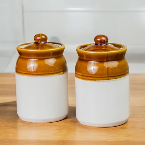 Image of Ceramic Achaar Jar Set 1kg x 2 | 1000ml Martban Pickle Container for Achar, Chutney & Sauces | Durable Brown Ceramic Jar Set Pack of 2