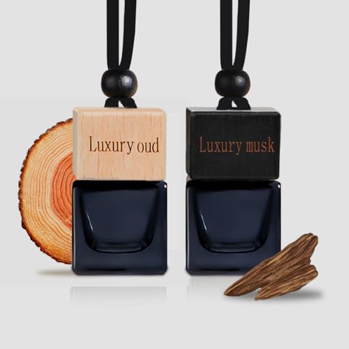 Image of Car Air Freshener, Hanging Oil Diffuser,pack of 2,luxury oud & luxury musk Black and Natural Wood