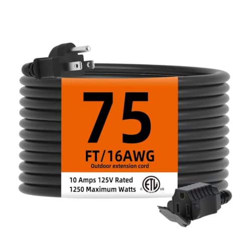 TiFFCOFiO Indoor Outdoor Extension Cord Waterproof 75 Feet 3 Prong Power Cord for Home and Garden 16 AWG 13A/1625W ETL Listed
