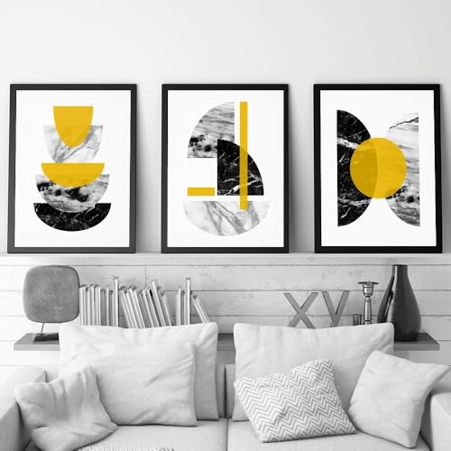 Impresiones artísticas,3 Piezas-Póster Geometría Abstracta Amarillo Mostaza Arte Pared Pintura Lienzo Imágenes Impresiones Estéticas Sala Estar Decoración Hogar-50*60cm/(16*24pulgadas) sin marco
