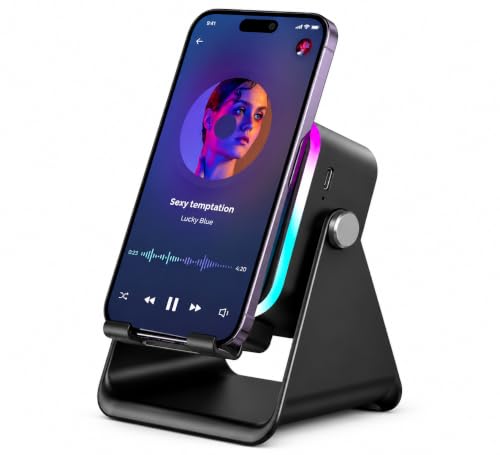 Image of Wireless Induction Speaker with Phone Stand, Rechargeable Bluetooth Audio Amplifier with RGB Colorful Light, Foldable Desktop Mobile Holder for iPhone, Samsung, Android, Home, Office & Gifts