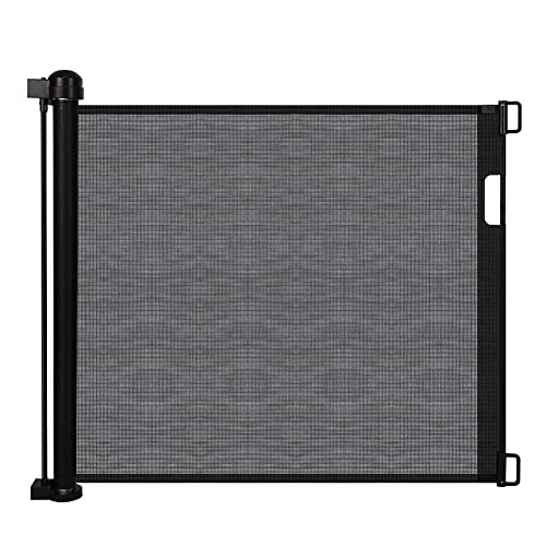Puerta retráctil para perros, puertas extra anchas para mascotas de 35 pulgadas de alto, se extiende hasta 71 pulgadas, barandillas para interiores y exteriores (89x180 cm), color negro Cover