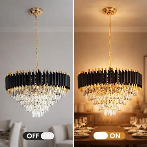 Image of One94Store Black Mamba Modern Crystal Chandelier Ceiling Light 600MM, Tricolour LED (Warm, Cool, Natural), Black & Gold Luxury Jhumar for Living Room, Dining, Bedroom