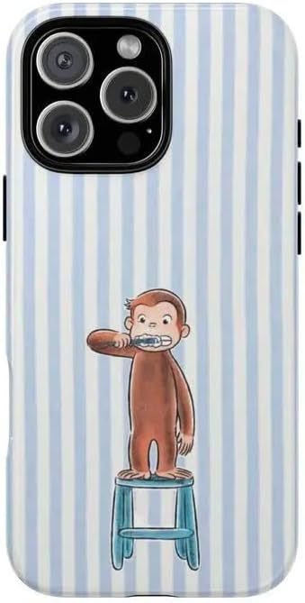 Cute Stripes Blue and White Monkey Brushing Teeth Phone Case Compatible with iPhone 16, Shockproof Slim TPU and Hard PC Protective Phone Cover, Cute Curious Monkey Collection Playful image 2