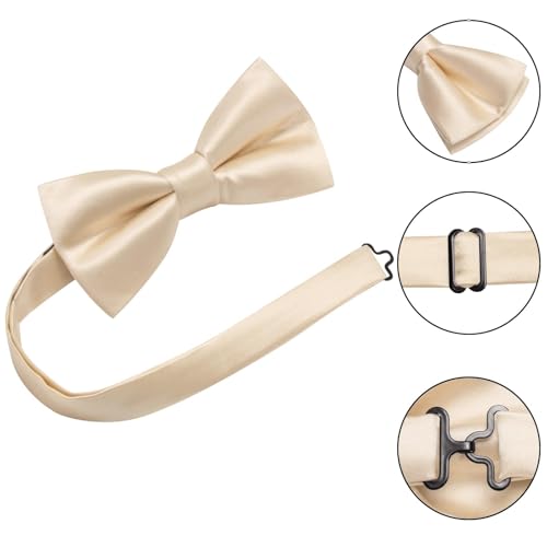 Image of Hi-Tie 5Pcs Mens Solid Color Silk Tie Satin Pretied Bowtie Lapel Pin for Men Handkerchief Cufflink Wedding Gift Box
