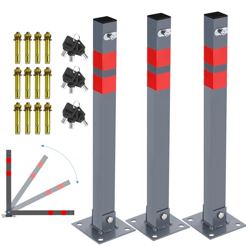 Eulenke 3 X Borne de parking pliante, poteaux de stationnement pliables, barrière de parking avec bandes d'avertissement, serrure poteau de clôture avec 9 clés, borne de parking en métal