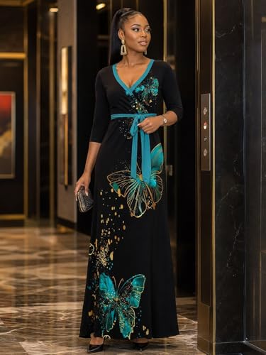 Image of Women's V Neck Floral Maxi Dress 3 /4 Sleeve Plus Size Boho Wrap Flowy Long Dresses with Belt