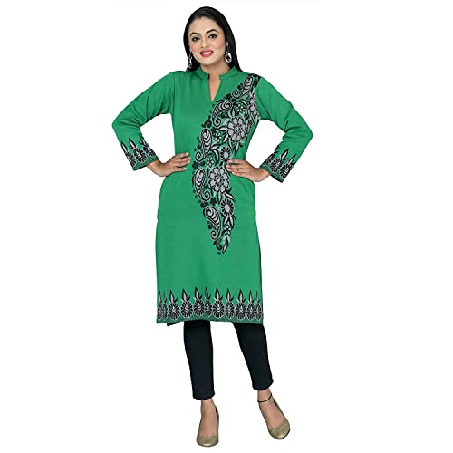 Image of Rosary Women's Winter Wear Embroidered Warm Woolen Straight Full Sleeve Kurti with Pockets
