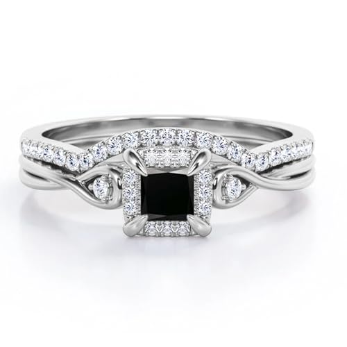Black Onyx Wedding Ring Set for Women 925 Sterling Silver 10K 14K 18K Gold Halo Bridal Ring Set with 1CT Princess Cut Black Onyx Engagement Ring Set for Women