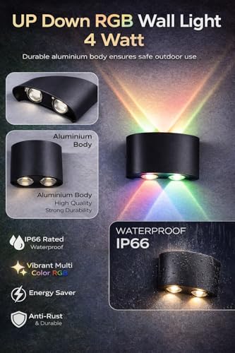 Image of One94Store LED Outdoor Wall Light Pack of 2 | 4W Multicolor Up Down Wall Lamp | Aluminium Body, Rainproof & Shockproof, 2-Way Decorative Step /Pathway /Patio Light Fixture with 3 Month Warranty