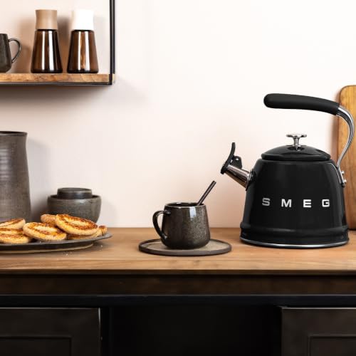 Image of SMEG Stovetop Whistling Kettle - 50s Retro Style, 2.3 Liter (10 Cup / 2.4 Quart) Stainless Steel Tea Kettle with Iconic Design & Whistle - Premium Kitchen Statement Piece (New Black)
