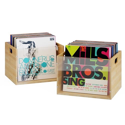 X-cosrack 2-Pack Vinyl Record Storage Box Crate, Visible Acrylic & Bamboo Vinyl Record Holder Crate...