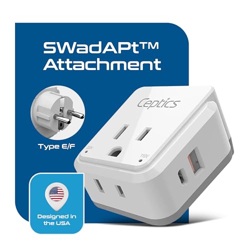 Image of Ceptics Germany, Korea Travel Plug Adapter Set, 20W PD & QC, Safe Dual USB & USB-C - 2 USA Socket - Use in Schuko, France, Russia, Netherlands - Includes Type E /F SWadAPt Attachments