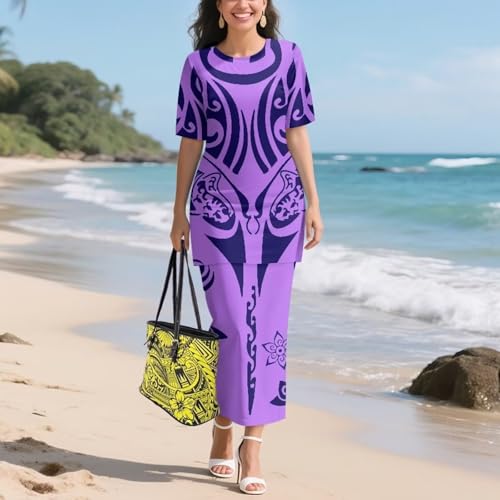 Image of Puletasi Samoan Traditional 2 Piece Outfits for Women Short Sleeve Crop Top and Maxi Skirt Sets Puletasi Dress