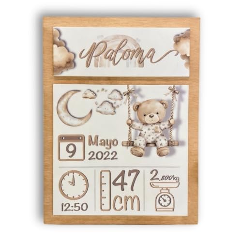 XLYZE Cuadro Natalicio Bebe Personalizado Madera, Regalo Recien Nacido, Detalle Nacimiento Niño y Niña, Cuadro Bebé Animales con Datos, Madera con Fecha Nacimiento Bebé (Oso Columpio)