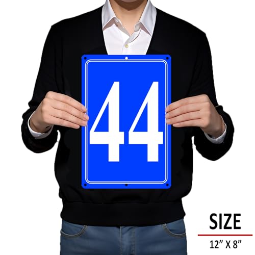 Image of Premium Aluminum Number Signs 44, Metal 12 inch X 8 inch Blue Numbered Signs Outdoor for Parking Lots, Floor, Dock, Court, Aisle, Field, High Visibility, No Fade, Weather-resistant