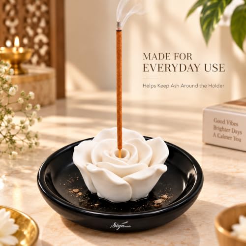 Image of SIGNAMIO Ceramic Agarbatti Incense Stick Stand Holder - Flower Black