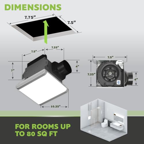 Image of Homewerks 7146-80-MS Bathroom Fan Integrated Dimmable LED Light Humidity Sensor Exhaust Ventilation 1.5 Sones 80 CFM, Smart Motion White