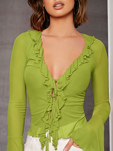 GORGLITTER Women's Bell Sleeve Tie Front Mesh Tops Sheer Cardigan Ruffle Going Out Concert Western Vintage Blouse Shirt