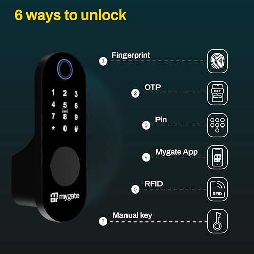Image of Mygate Smart Lock Edge with Wifi Gateway | Digital Rim Lock for Wooden & Metal Doors | 20-65mm Thickness| 6-in-1 Unlock - Fingerprint, PIN, RFID, App, OTP & Key | Remote Unlock | 2-Year Brand Warranty