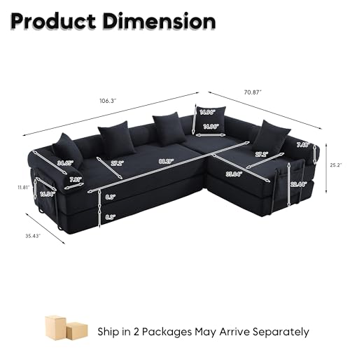 Image of L-Shape Modular Sectional Sofa Bed, Corduroy Boneless Couch, Black
