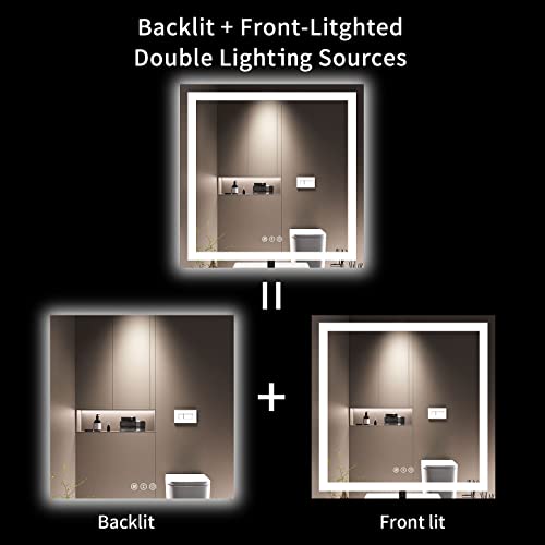 LOAAO 36X36 LED Bathroom Mirror with Lights, Anti-Fog, Dimmable, Backlit + Front Lit, Lighted Bathroom Vanity Mirror for Wall, Memory Function, Tempered Glass, Safe to Use, ETL Listed