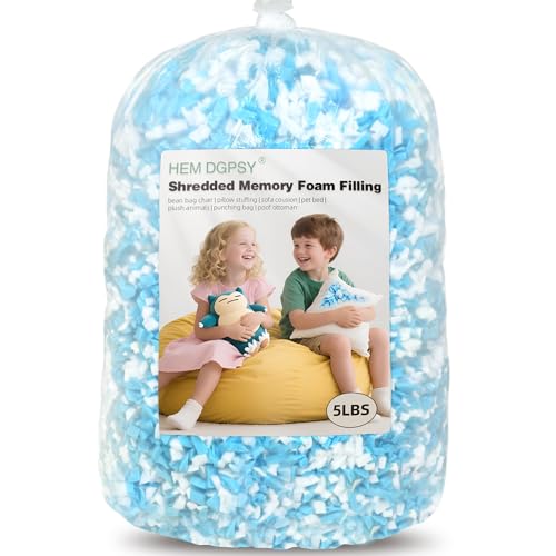 Hem Dgpsy Shredded Memory Foam Filling - Premium Soft Bean Bag Filler, 5lbs Blue & White Pillow Stuffing for Couch Cushion, Dog Bed, Chair - High Density, No Chemical Smell, Easy to Use