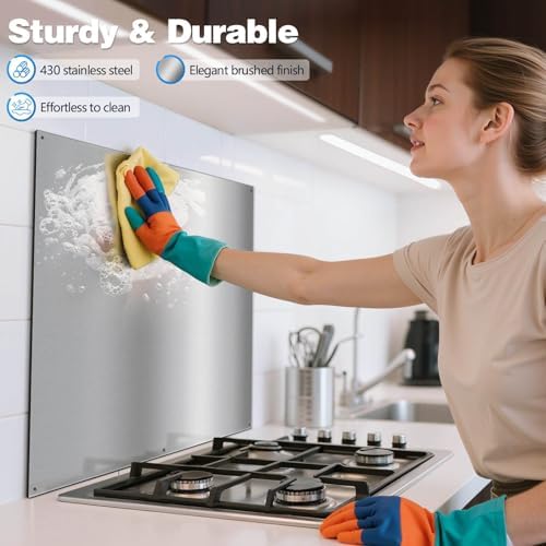 JOEAONZ 30" x 24" Stainless Steel Backsplash for Stove, Heavy Duty 430 Metal Splatter Guard Heat Shield, 6 Pre-Drilled Holes, Easy Wall Mount, Reversible to Fit Behind Range, Countertop or Sink - 4