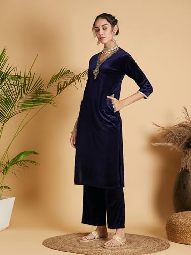 Image of Women's Velvet Floral Embroidered Straight Kurta | Round Neck Three-Quarter Sleeve Calf Length Kurti with Thread Work