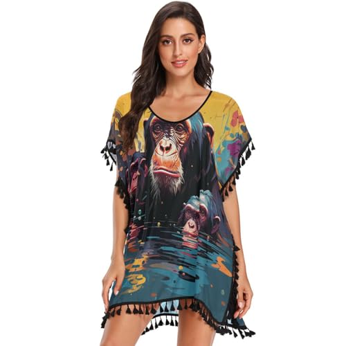 Watercolor Art Chimpanzees Monkey Women's Beach Cover Up Chiffon Tassel Swimwear Swimsuit Coverups for Girl